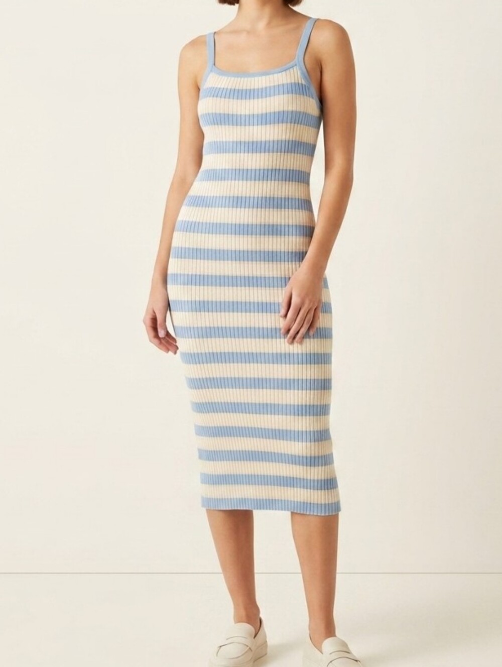 89th and Madison blue yellow ribbed striped midi preppy form fitting dress L NWT